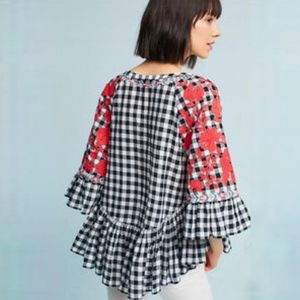 ANTHROPOLOGIE PANKAJ & NIDHI Tomato Girl Floral Gingham Peplum Top - Picture 2 of 8